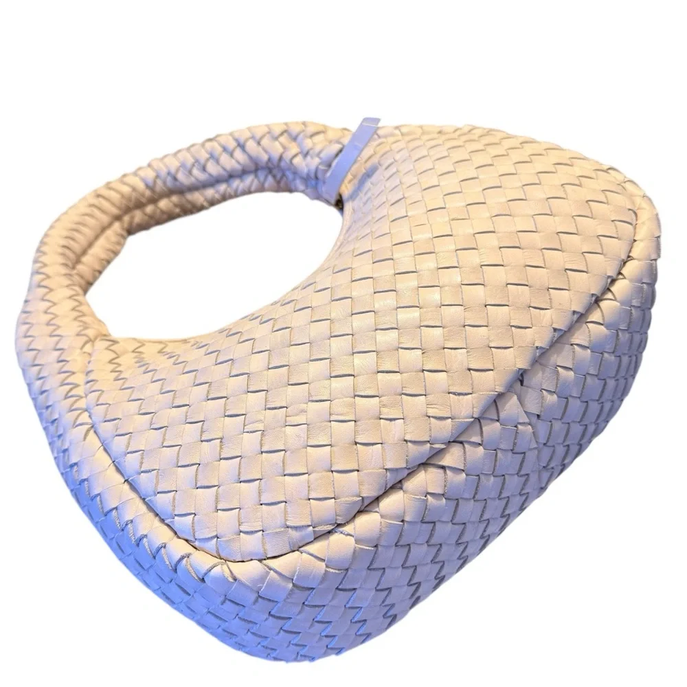 Woven Genuine Soft Braided Leather Luxury Hobo Bag Ivory Cream Shoulder Purse